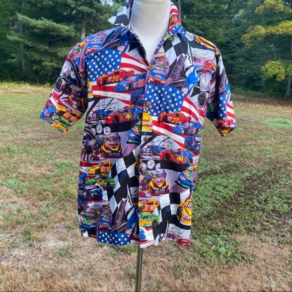 MAX BOXXER SHIRT HAWAIIAN CASUAL BUTTON DOWN RACE CARS AMERICANA SIZE L - Picture 2 of 10